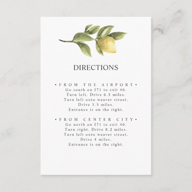 Lemons | Sage green | Chic  WEDDING Directions Enclosure Card (Front)