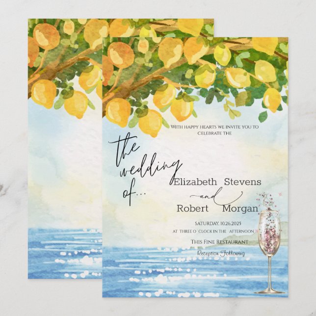 Lemons Sea Champagne Glass Wedding  Invitation (Front/Back)