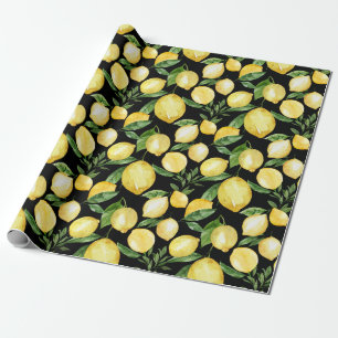 Lemons seamless pattern on black background  wrapping paper
