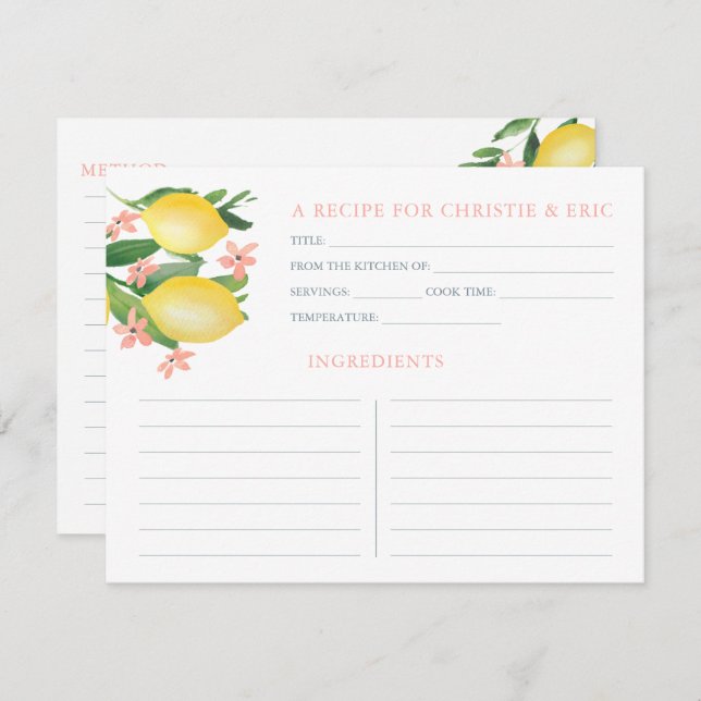 Lemons Soft Pink Text Flowers Shower Recipe Card (Front/Back)