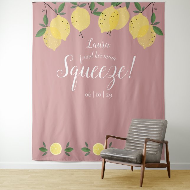 Lemons Squeeze Dusty Rose Bridal Shower Photo Prop Tapestry (In Situ)