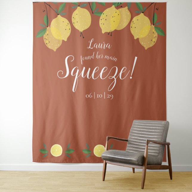 Lemons Squeeze Terracotta Bridal Shower Backdrop Tapestry (In Situ)