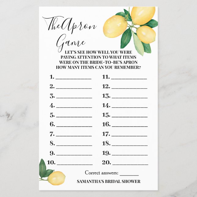 Lemons The Apron Bridal Shower Game Card (Front)