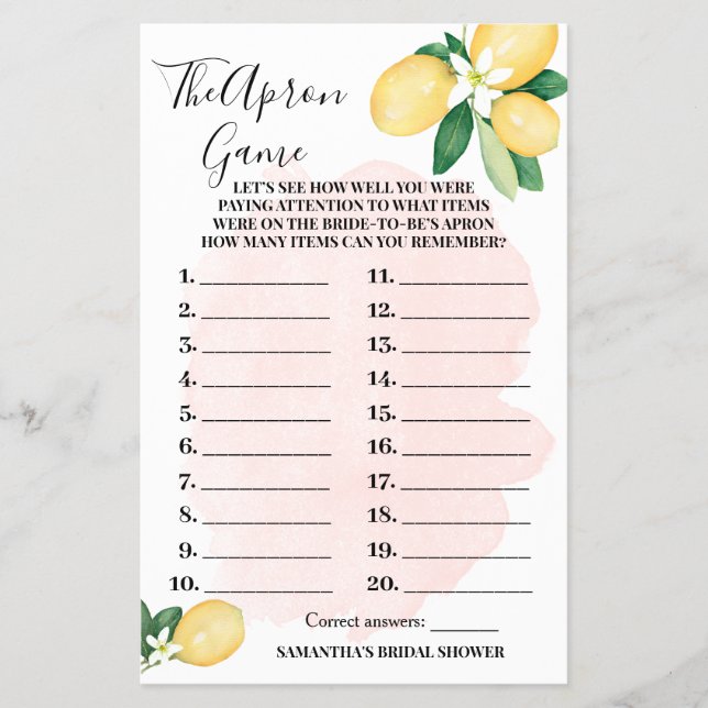 Lemons The Apron Pink Bridal Shower Game Card (Front)