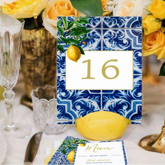 Lemons Tuscan Tile Blue White Wedding Table Number (Creator Uploaded)