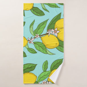 Lemons, Vibrant Blue Background Seamless. Bath Towel