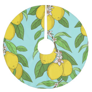 Lemons, Vibrant Blue Background Seamless. Brushed Polyester Tree Skirt