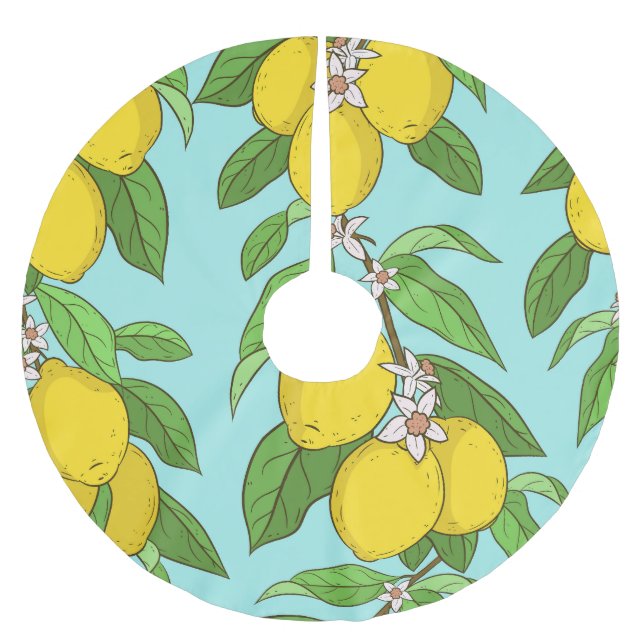Lemons, Vibrant Blue Background Seamless. Brushed Polyester Tree Skirt (Front)