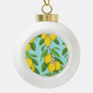 Lemons, Vibrant Blue Background Seamless. Ceramic Ball Christmas Ornament
