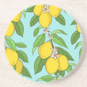 Lemons, Vibrant Blue Background Seamless. Coaster
