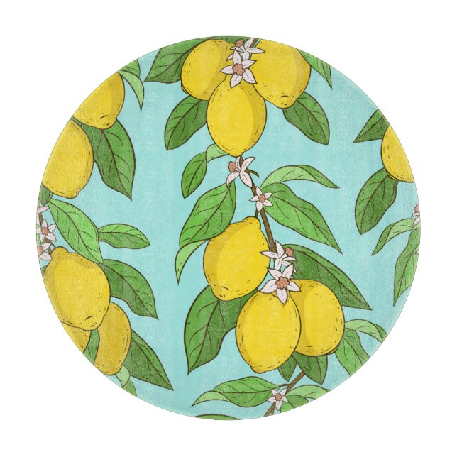 Lemons, Vibrant Blue Background Seamless. Cutting Board (Front)