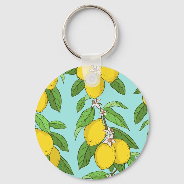 Lemons, Vibrant Blue Background Seamless. Key Ring (Front)
