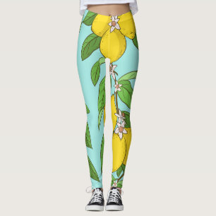 Lemons, Vibrant Blue Background Seamless. Leggings