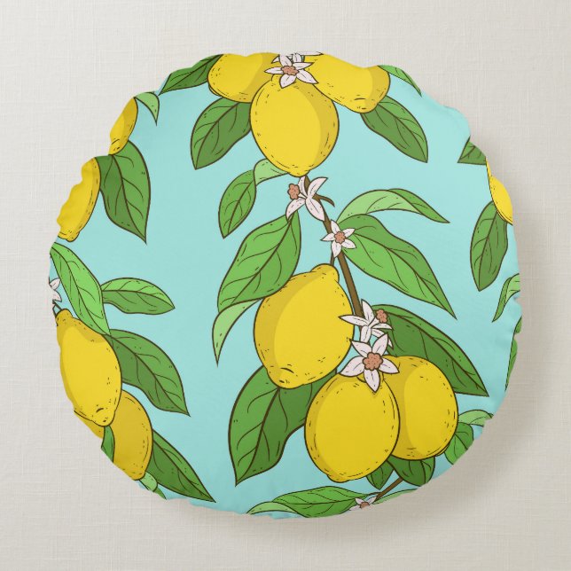 Lemons, Vibrant Blue Background Seamless. Round Cushion (Front)