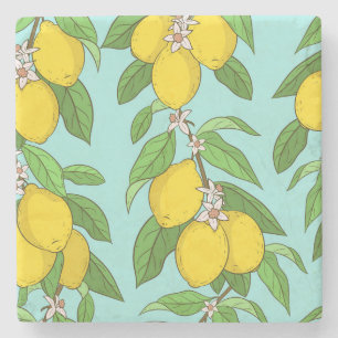 Lemons, Vibrant Blue Background Seamless. Stone Coaster