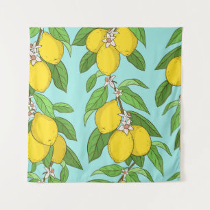 Lemons, Vibrant Blue Background Seamless. Tapestry