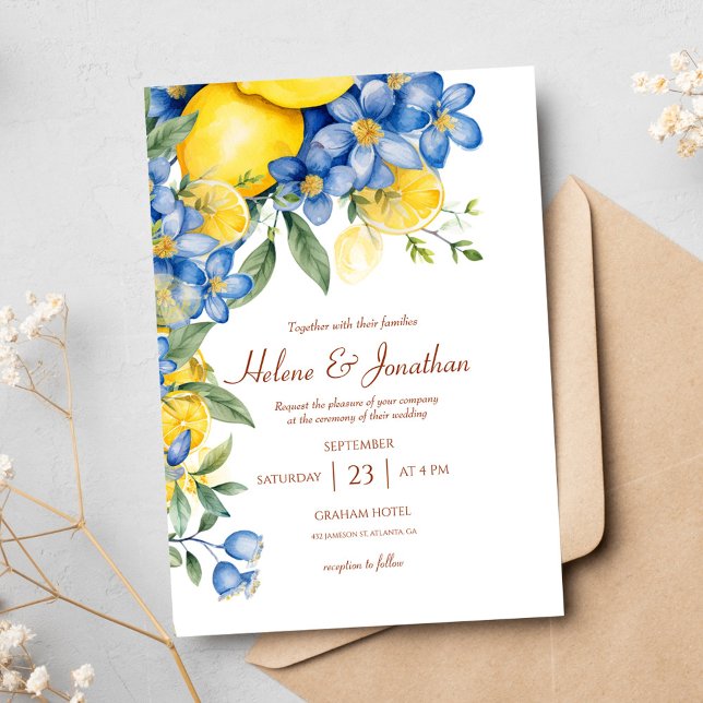 Lemons Watercolor Blue Yellow Elegant Wedding Invitation (Lemons Watercolor Blue Yellow Elegant Wedding Invitation)