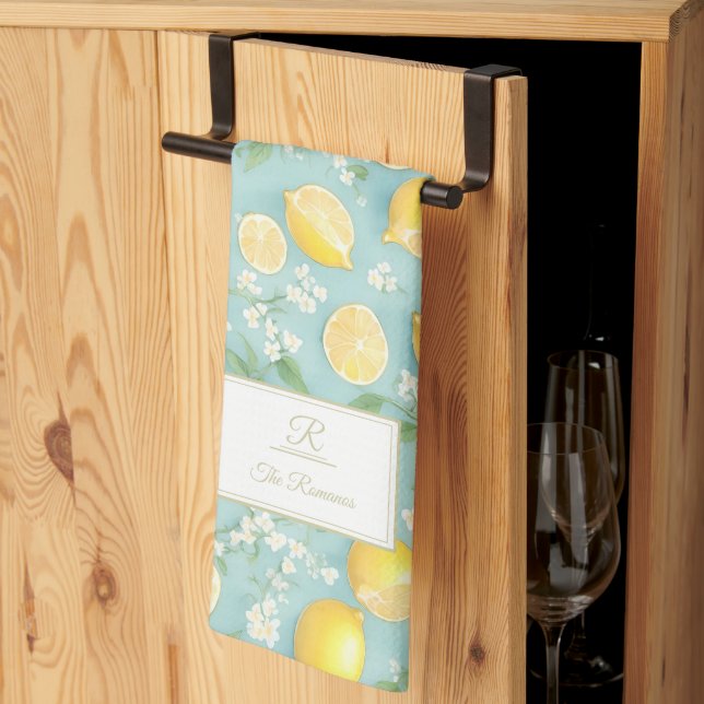 Lemons Watercolor Mint Custom Monogram Lemon Tea Towel (Thirds Fold)