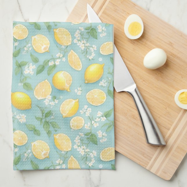 Lemons Watercolor Pattern Mint Floral Lemon Tea Towel (Quarter Fold)