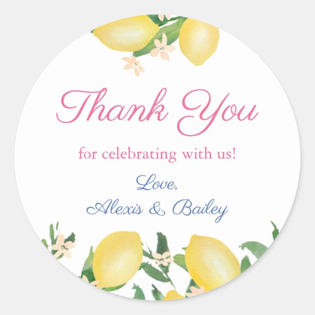 Lemons Watercolor Wedding Favour Thank You Classic Round Sticker (Front)