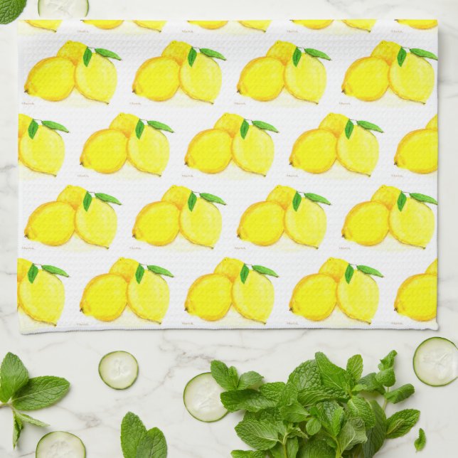 Lemons Watercolor Yellow Fruit Country summer Tea Towel (Folded)