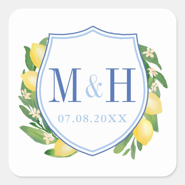 Lemons Wedding Monogram Logo Square Sticker (Front)