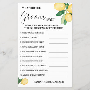 Lemons What did Groom Say Bridal Shower Game Card