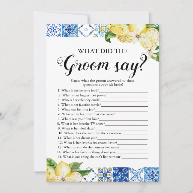 Lemons What Did The Groom Say Bridal Shower Game Invitation (Front)