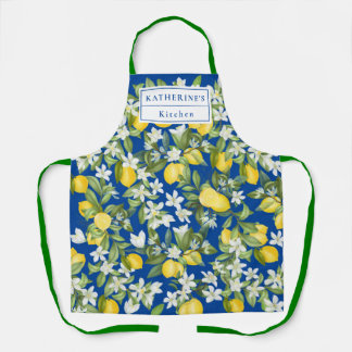 Lemons White Florals & Monogram On Deep Blue Apron