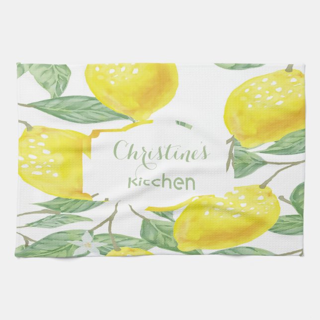 Lemons white green name script tea towel (Horizontal)