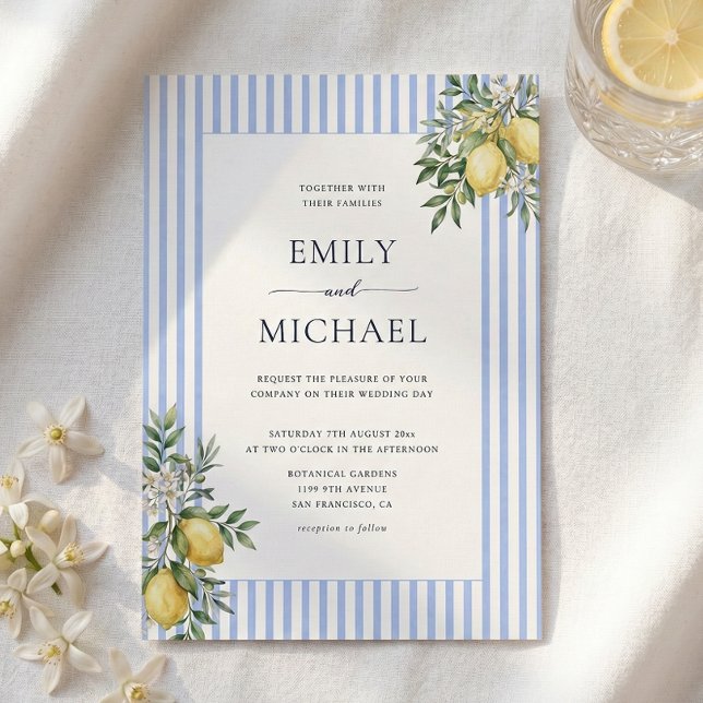 Lemons With Blue Stripes Citrus Wedding Invitation (Creator Uploaded)