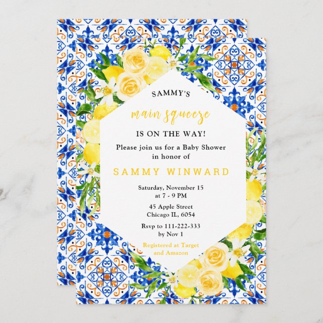 Lemons with Foliage Mediterranean Baby Shower Invitation (Front/Back)