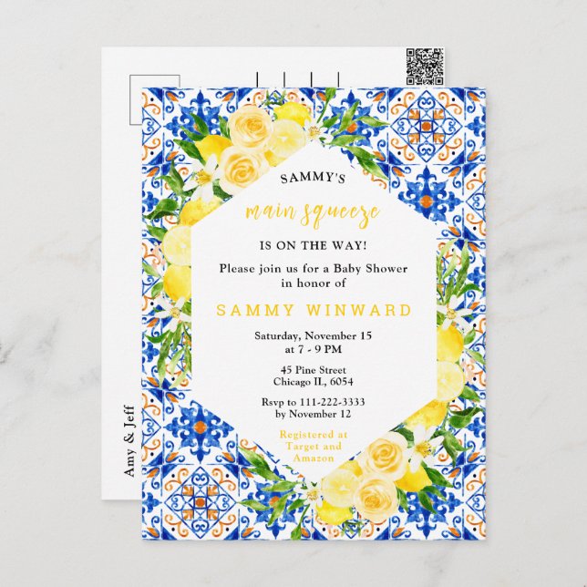 Lemons with Foliage Mediterranean Baby Shower Postcard (Front/Back)