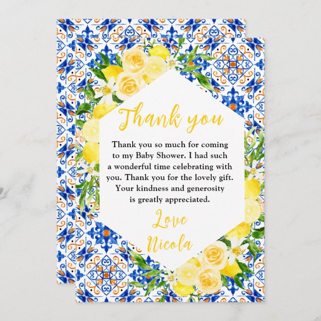 Lemons with Foliage Mediterranean Baby Shower Thank You Card (Front/Back)