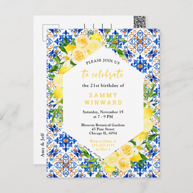 Lemons with Foliage Mediterranean Birthday Party Postcard (Front/Back)