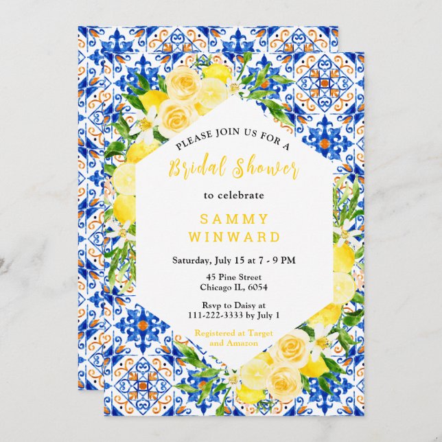 Lemons with Foliage Mediterranean Bridal Shower Invitation (Front/Back)