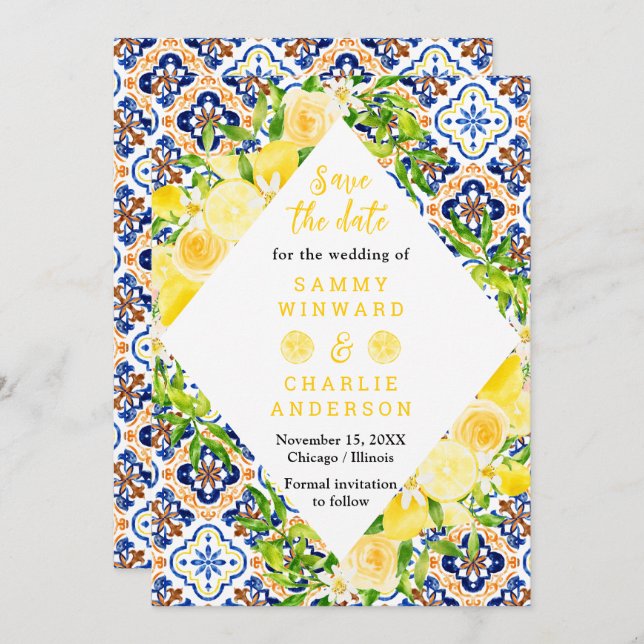 Lemons with Foliage Mediterranean Wedding Save The Date (Front/Back)