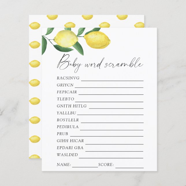 Lemons - Word scramble baby shower game (Front/Back)