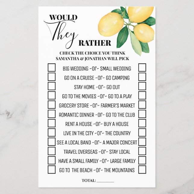 Lemons Would They Rather Bridal Shower Game Card (Front)