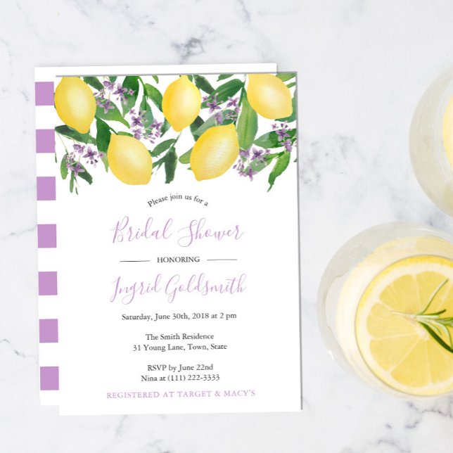 Lemons Yellow and Purple Citrus Bridal Shower Invitation (Creator Uploaded)
