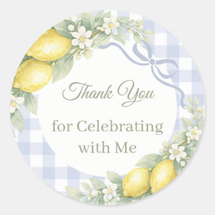 Lemons yellow blue gingham boy Thank You party Classic Round Sticker