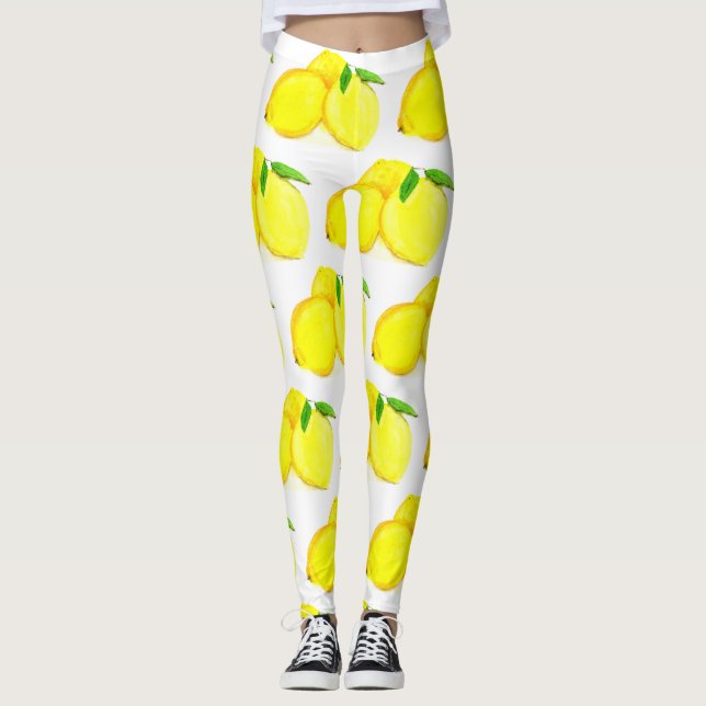 Lemons Yellow Fruit Pattern Watercolor Citrus Leggings (Front)