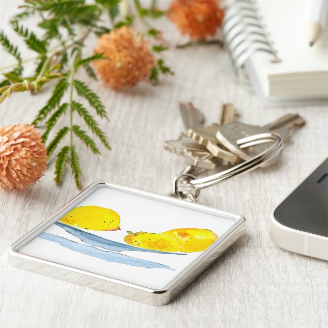 Lemons yellow fruit watercolor key ring (Side)