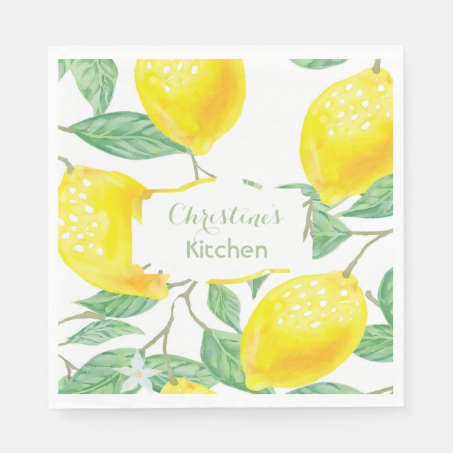 Lemons yellow monogram name script napkin (Front)