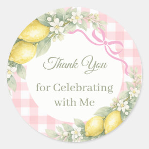 Lemons yellow pink gingham girl Thank You party Classic Round Sticker