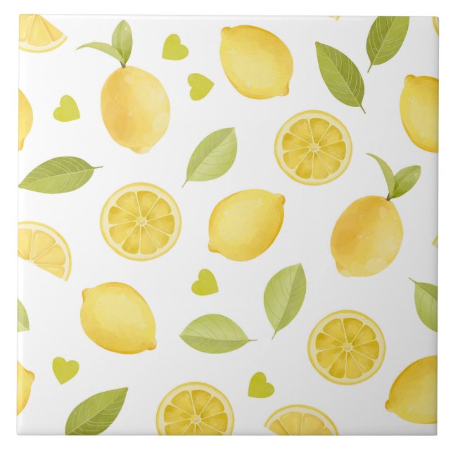 Lemons Yellow Slices Watercolor Design Ceramic Tile (Front)