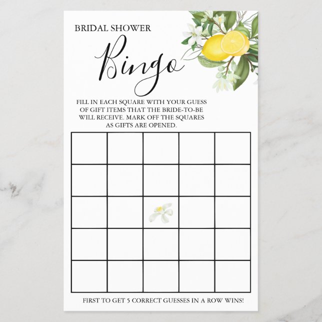 Lemony Bridal Shower Bingo game card (Front)
