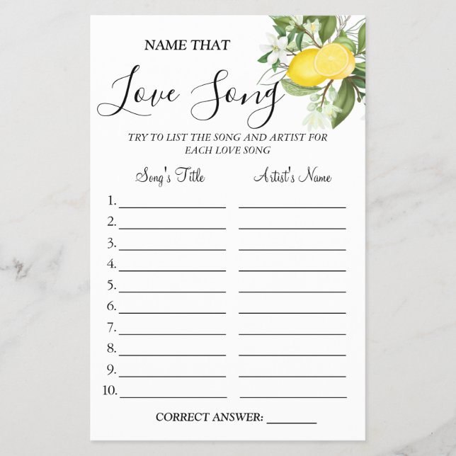 Lemony Name that love song shower game card (Front)