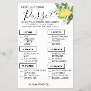 Lemony What is in your purse Shower game card