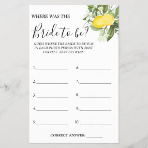 Lemony Where was She Bridal shower game card